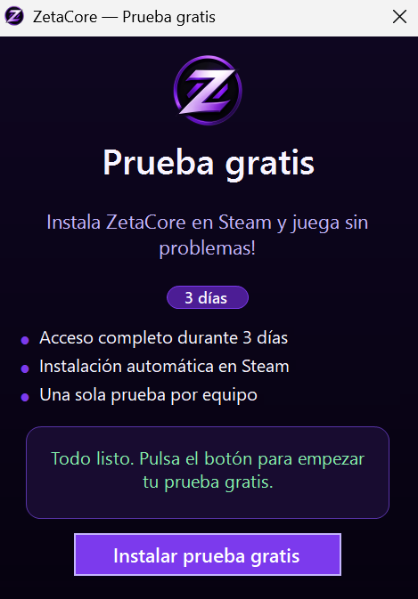 Ventana ZetaCore Prueba gratis (3 días) con el botón Instalar prueba gratis