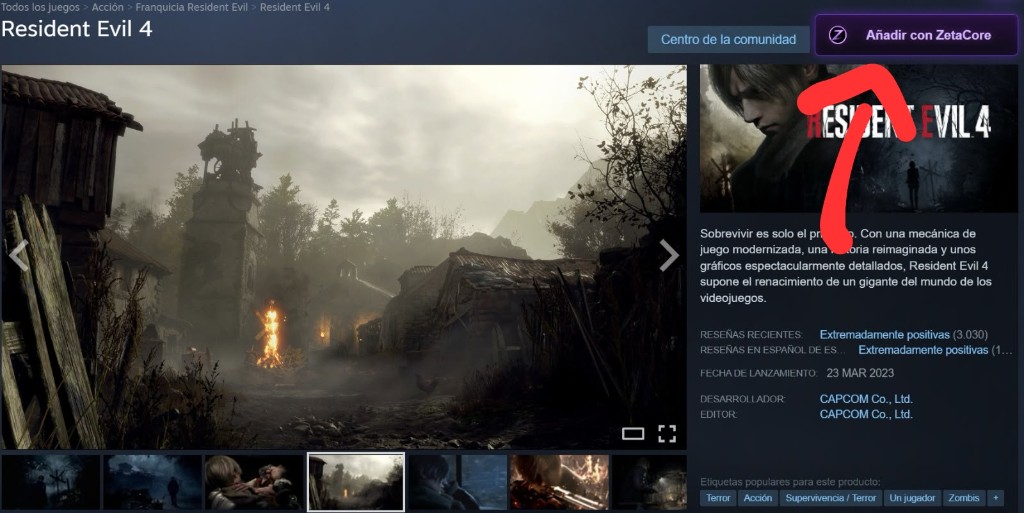 Botón Añadir con ZetaCore en la página de un juego en Steam